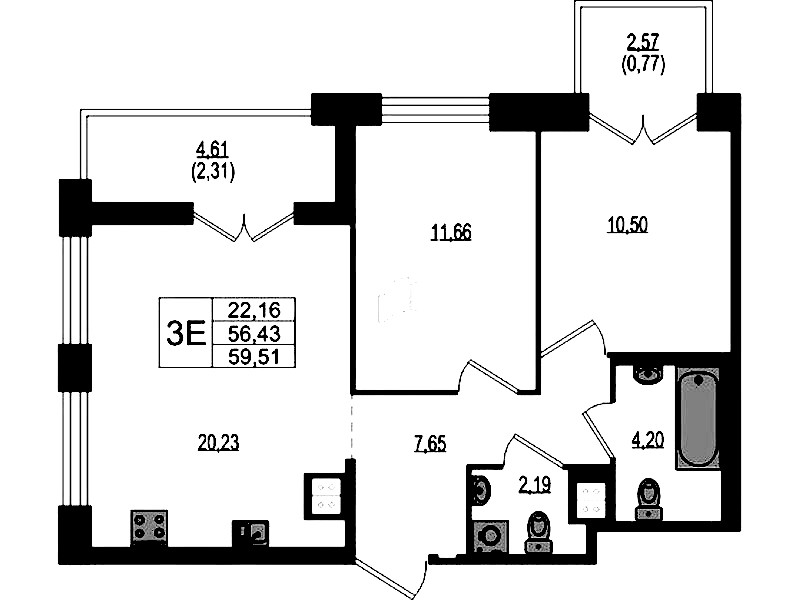 2-комнатная квартира 59.51 м², 2/4 эт., ЖК «Ranta Residence»